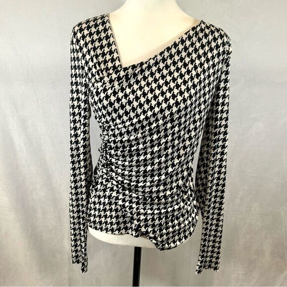 Vince Camuto long sleeve black and white houndstooth ruched top size small - Picture 2 of 7